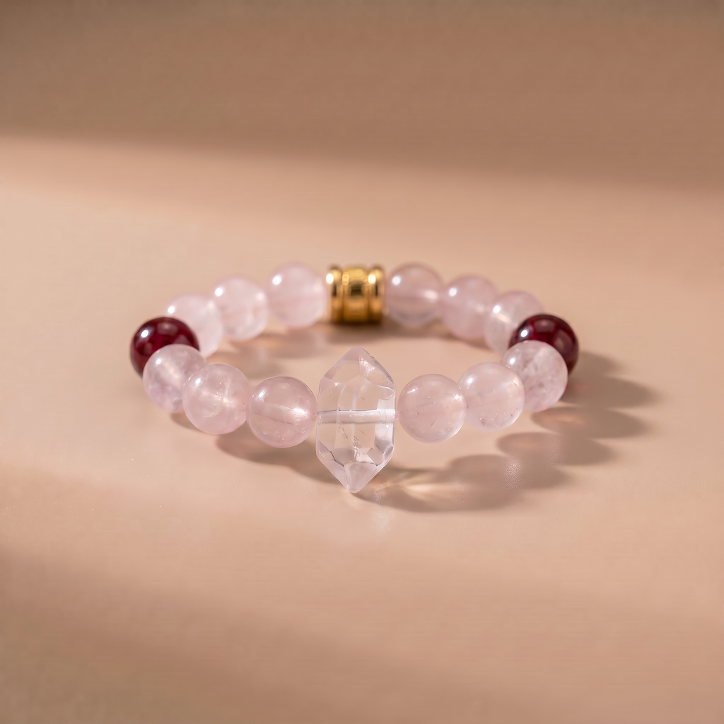 Twin Longlight Soft Heart Bracelet with Rose Quartz & Garnet