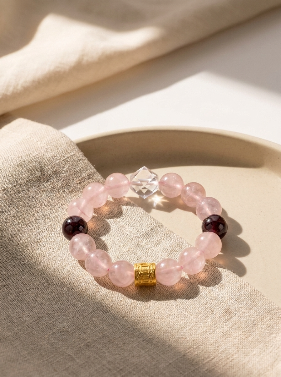 Twin Longlight Soft Heart Bracelet with Rose Quartz & Garnet