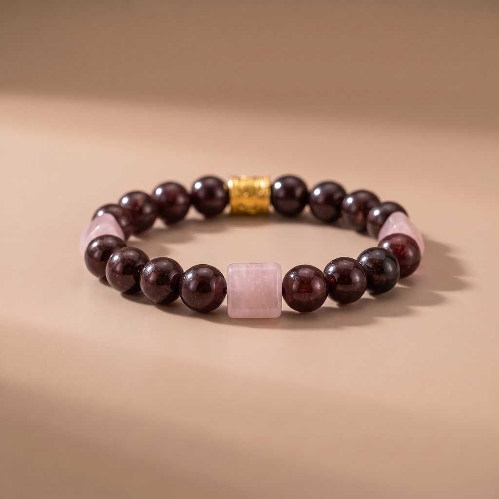 Twin Longlight Crimson Path Bracelet with Garnet & Rose Quartz