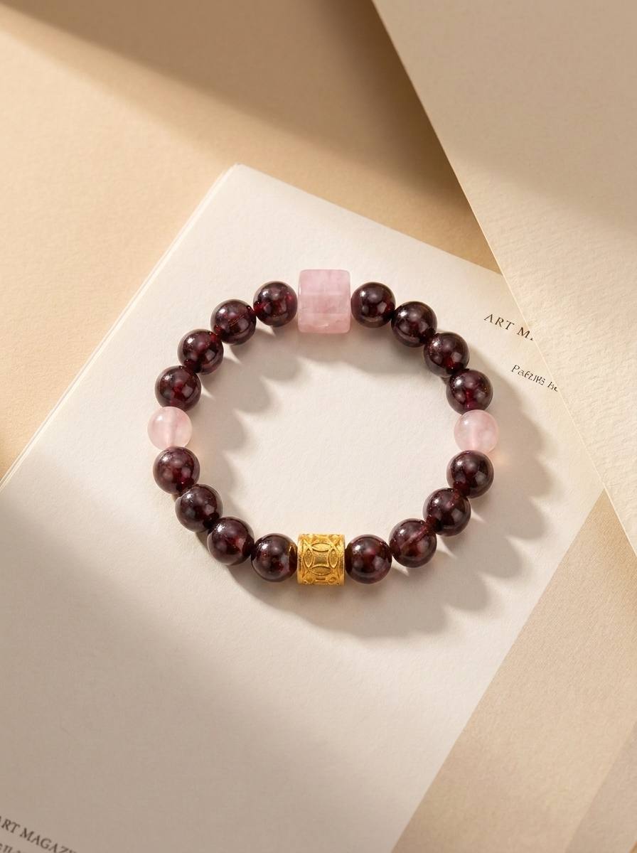 Twin Longlight Crimson Path Bracelet with Garnet & Rose Quartz