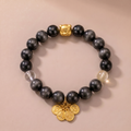 Zodiac Pig Golden Jade Bracelet with Silver Obsidian, Lemon Quartz & Clear Quartz