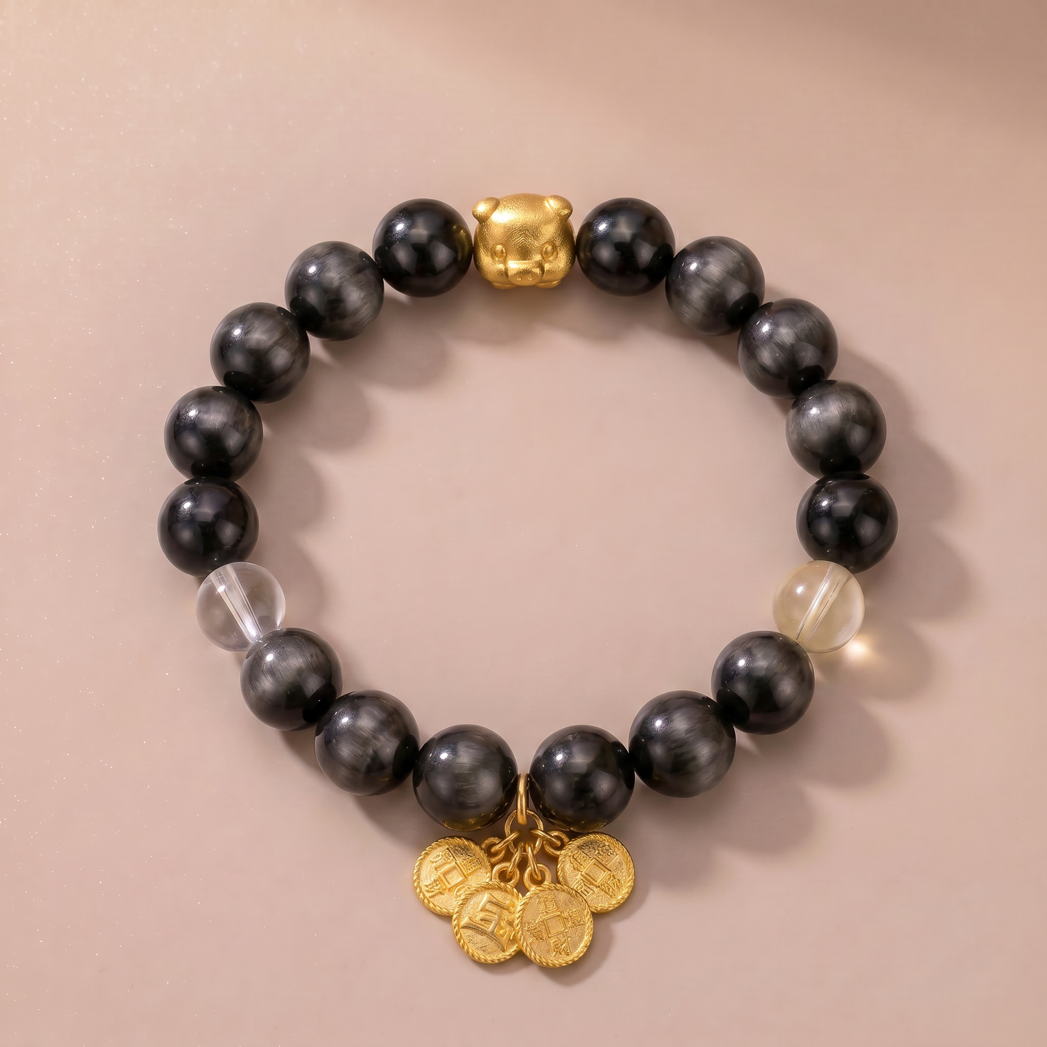 Zodiac Pig Golden Jade Bracelet with Silver Obsidian, Lemon Quartz & Clear Quartz