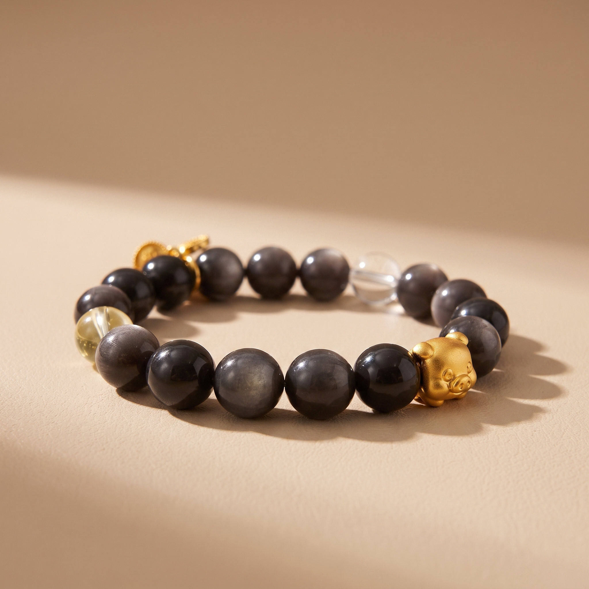 Zodiac Pig Golden Jade Bracelet with Silver Obsidian, Lemon Quartz & Clear Quartz