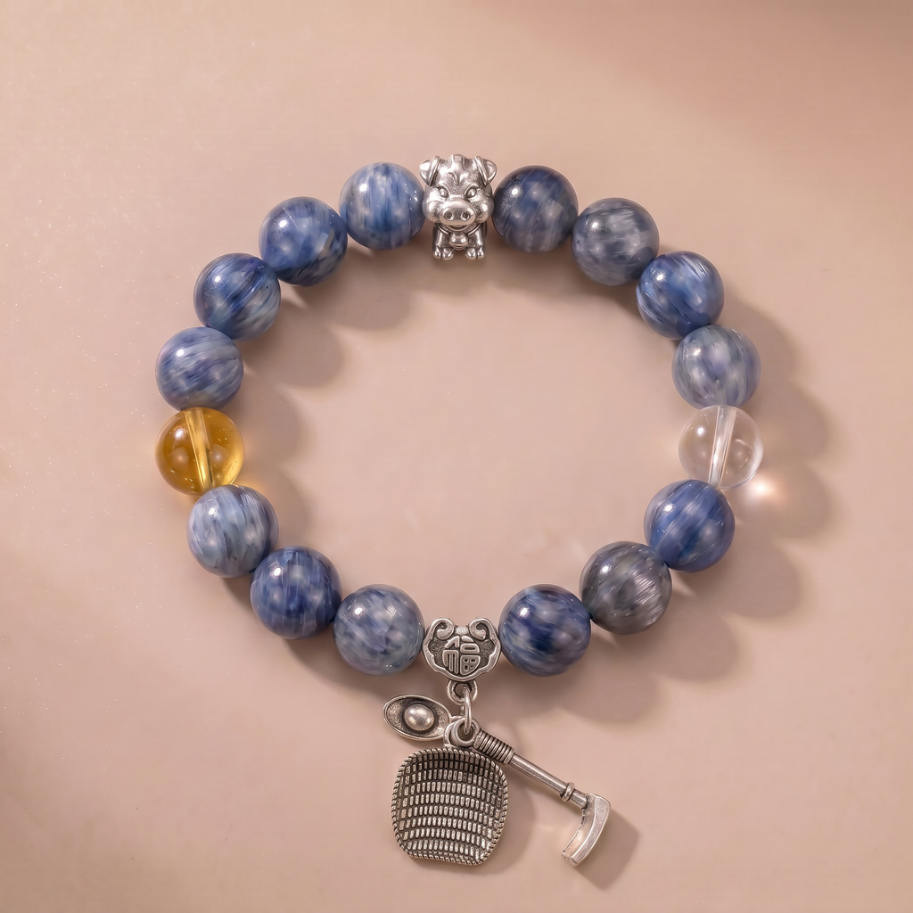 Zodiac Pig Star Wisdom Bracelet with Blue Crystal, Clear Quartz & Yellow Tower Crystal