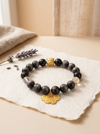Zodiac Pig Golden Jade Bracelet with Silver Obsidian, Lemon Quartz & Clear Quartz