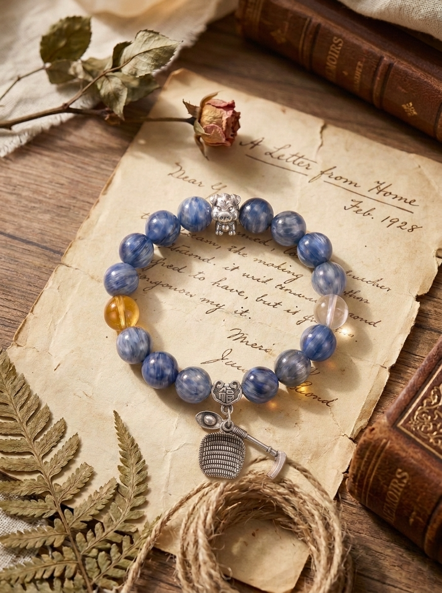 Zodiac Pig Star Wisdom Bracelet with Blue Crystal, Clear Quartz & Yellow Tower Crystal