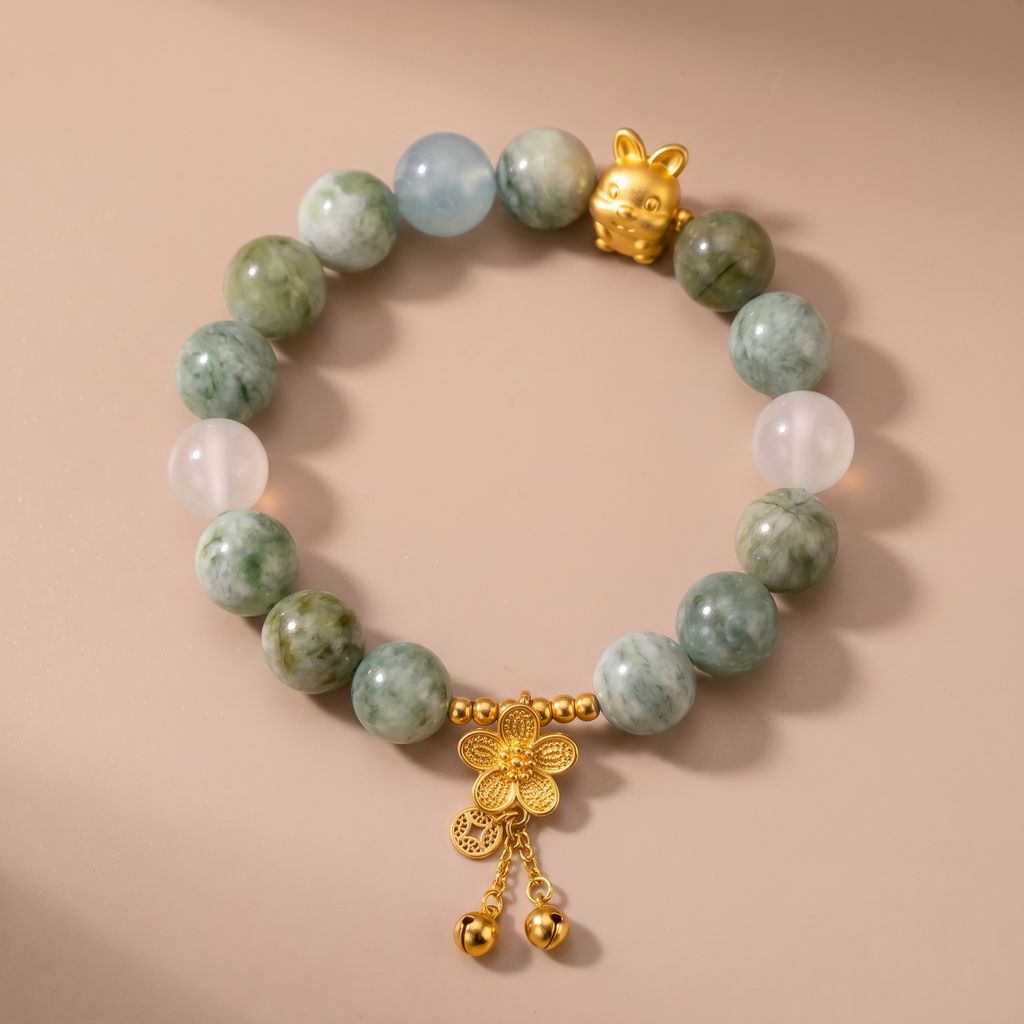 Zodiac Rabbit Jade Bloom Bracelet with Green Crystal, Moonstone & Aquamarine