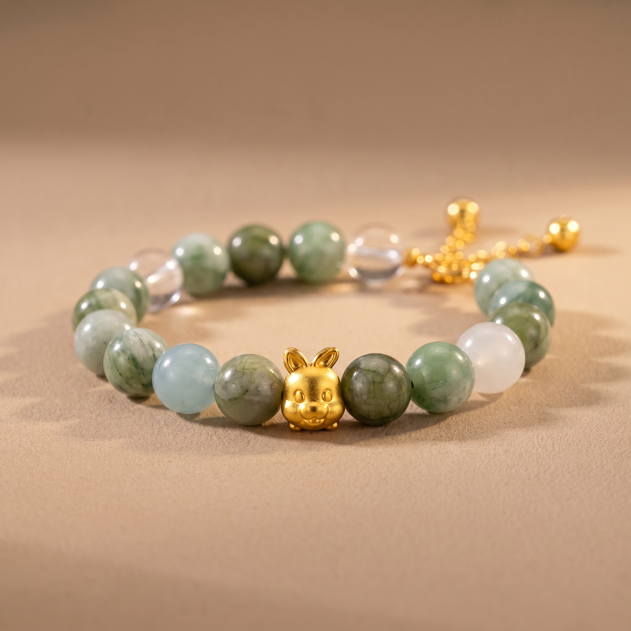 Zodiac Rabbit Jade Bloom Bracelet with Green Crystal, Moonstone & Aquamarine