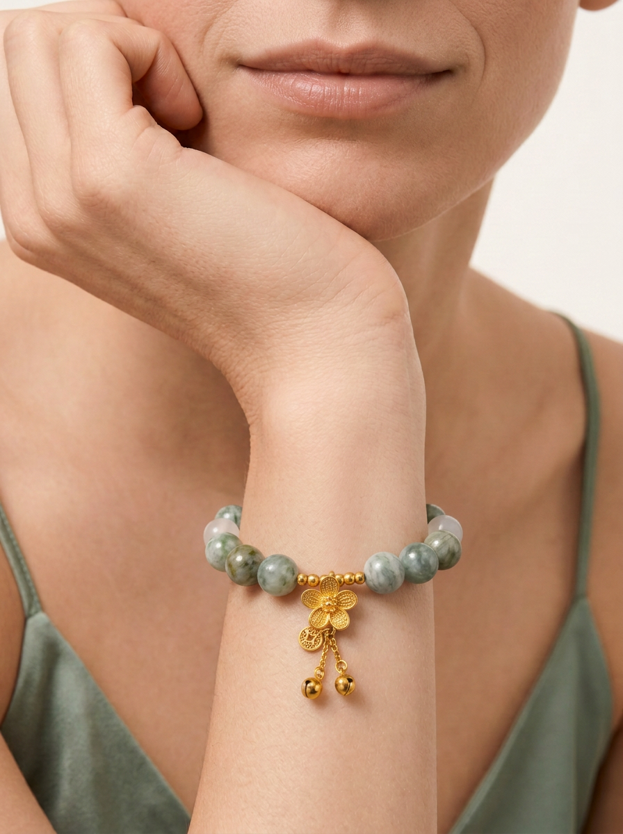 Zodiac Rabbit Jade Bloom Bracelet with Green Crystal, Moonstone & Aquamarine