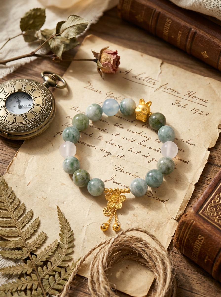 Zodiac Rabbit Jade Bloom Bracelet with Green Crystal, Moonstone & Aquamarine