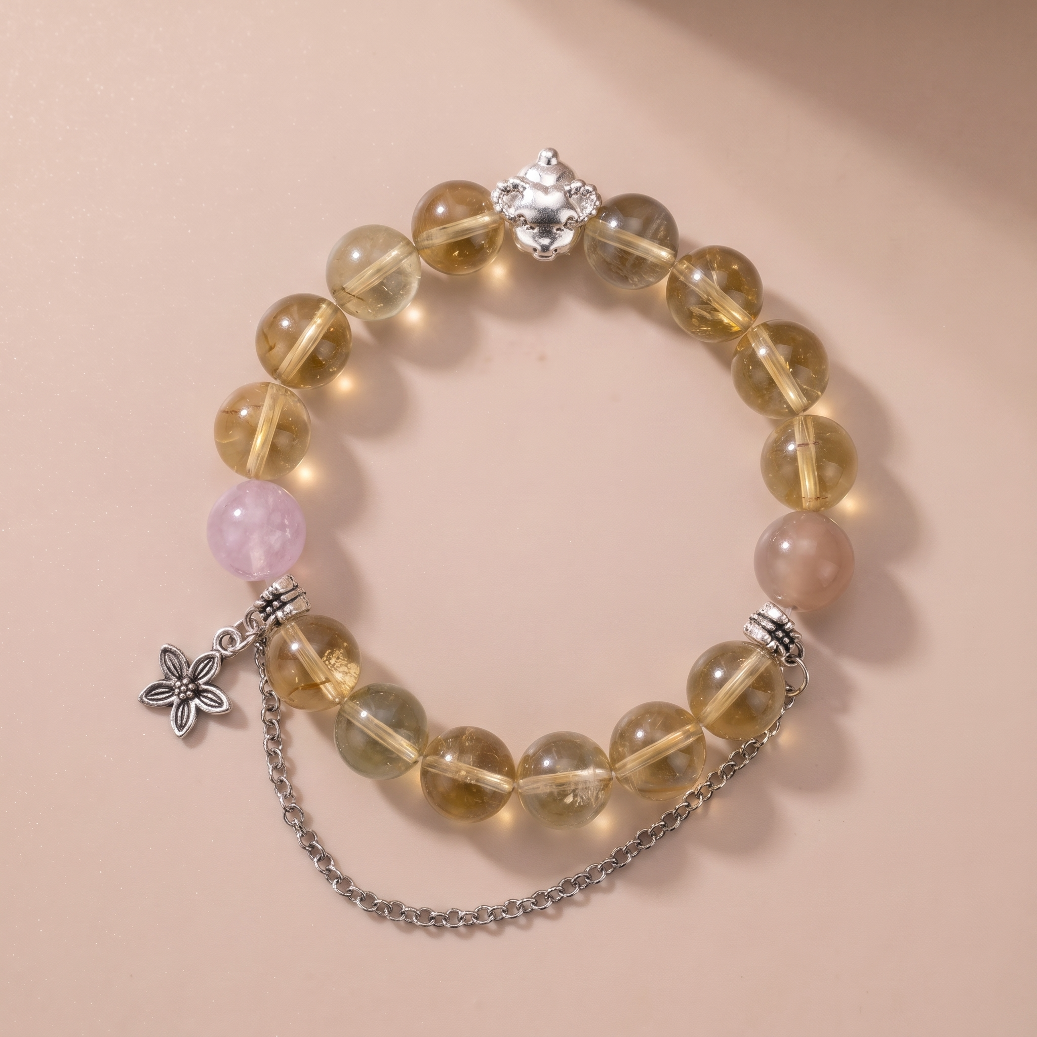 Zodiac Goat Orchid Heart Bracelet with Yellow Tower Crystal, Lavender Amethyst & Moonstone