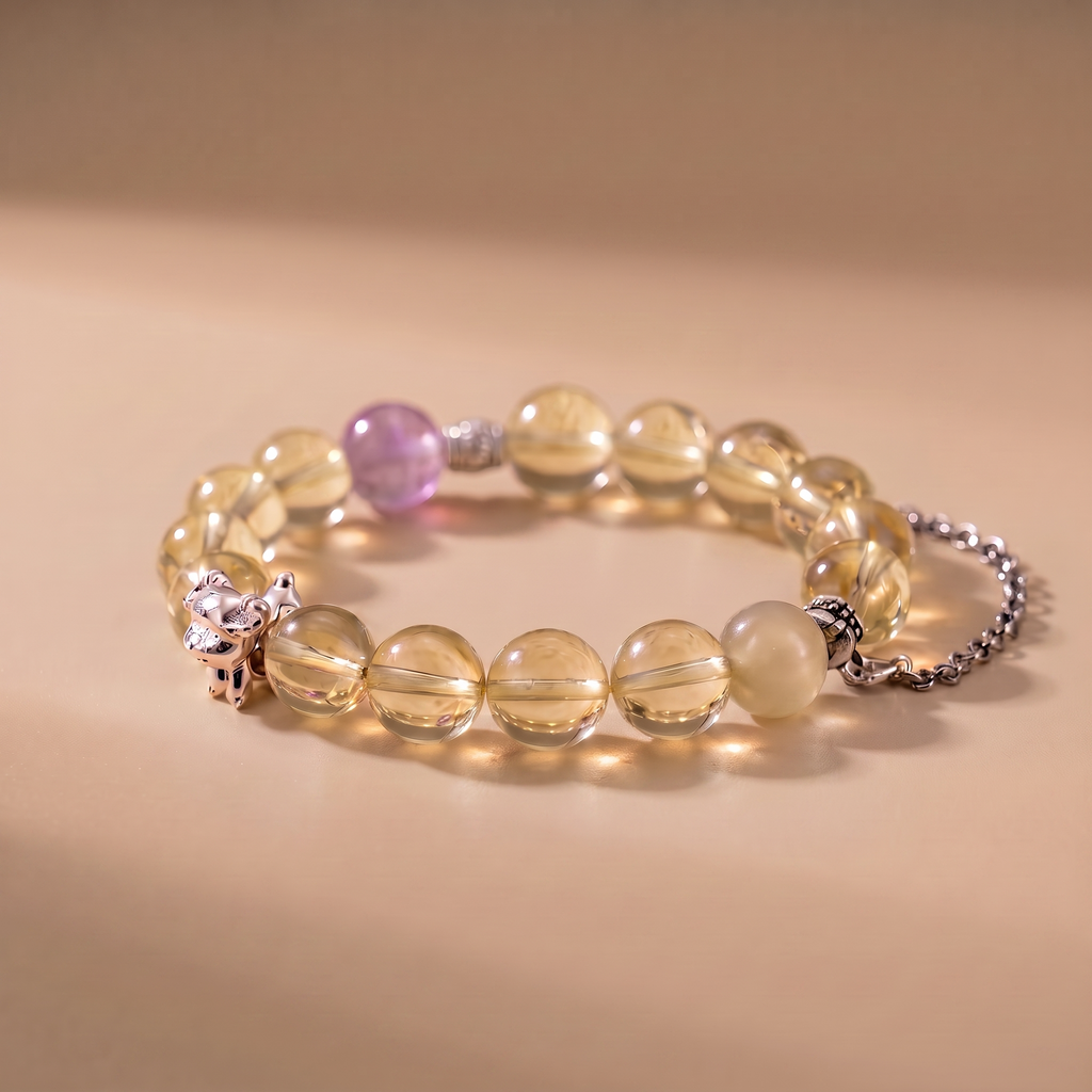 Zodiac Goat Orchid Heart Bracelet with Yellow Tower Crystal, Lavender Amethyst & Moonstone