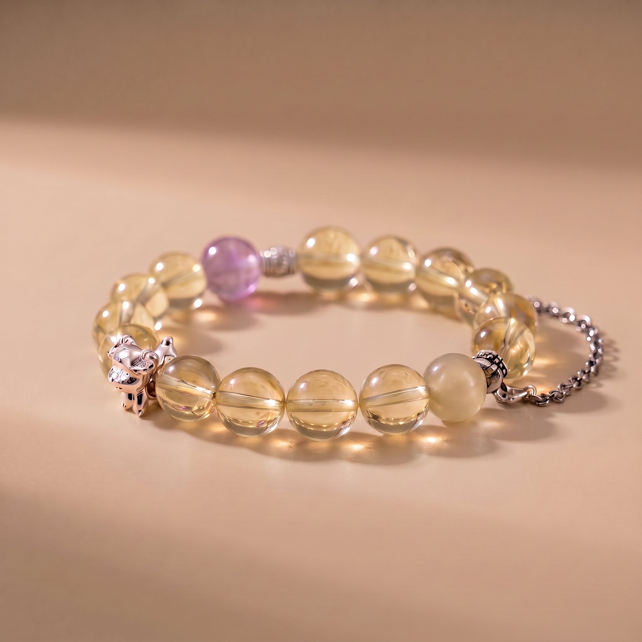 Zodiac Goat Orchid Heart Bracelet with Yellow Tower Crystal, Lavender Amethyst & Moonstone