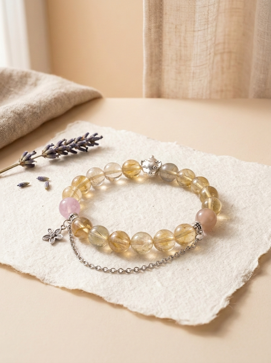 Zodiac Goat Orchid Heart Bracelet with Yellow Tower Crystal, Lavender Amethyst & Moonstone
