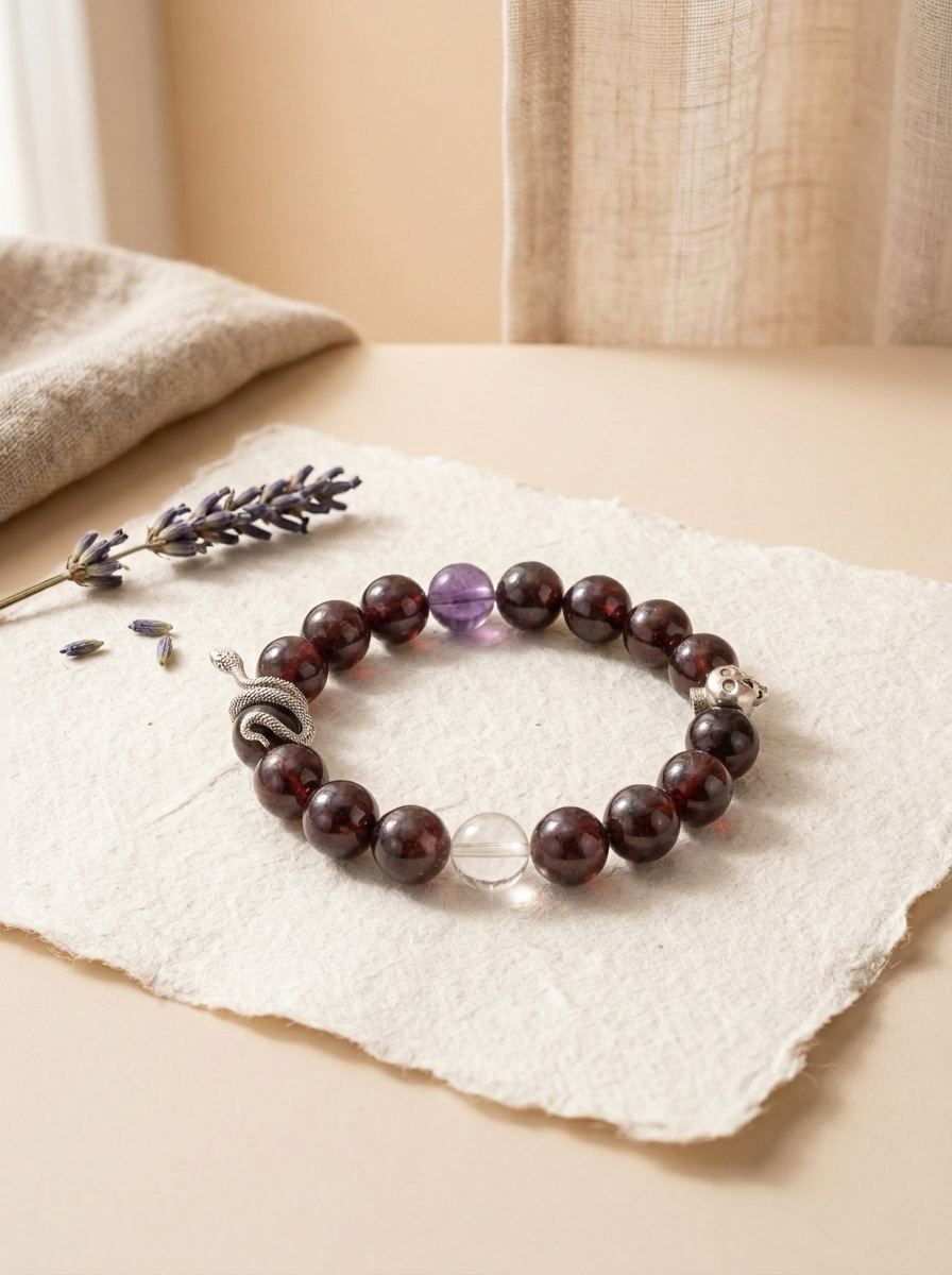 Zodiac Snake Crimson Transformation Bracelet with Garnet, Amethyst & Green Crystal