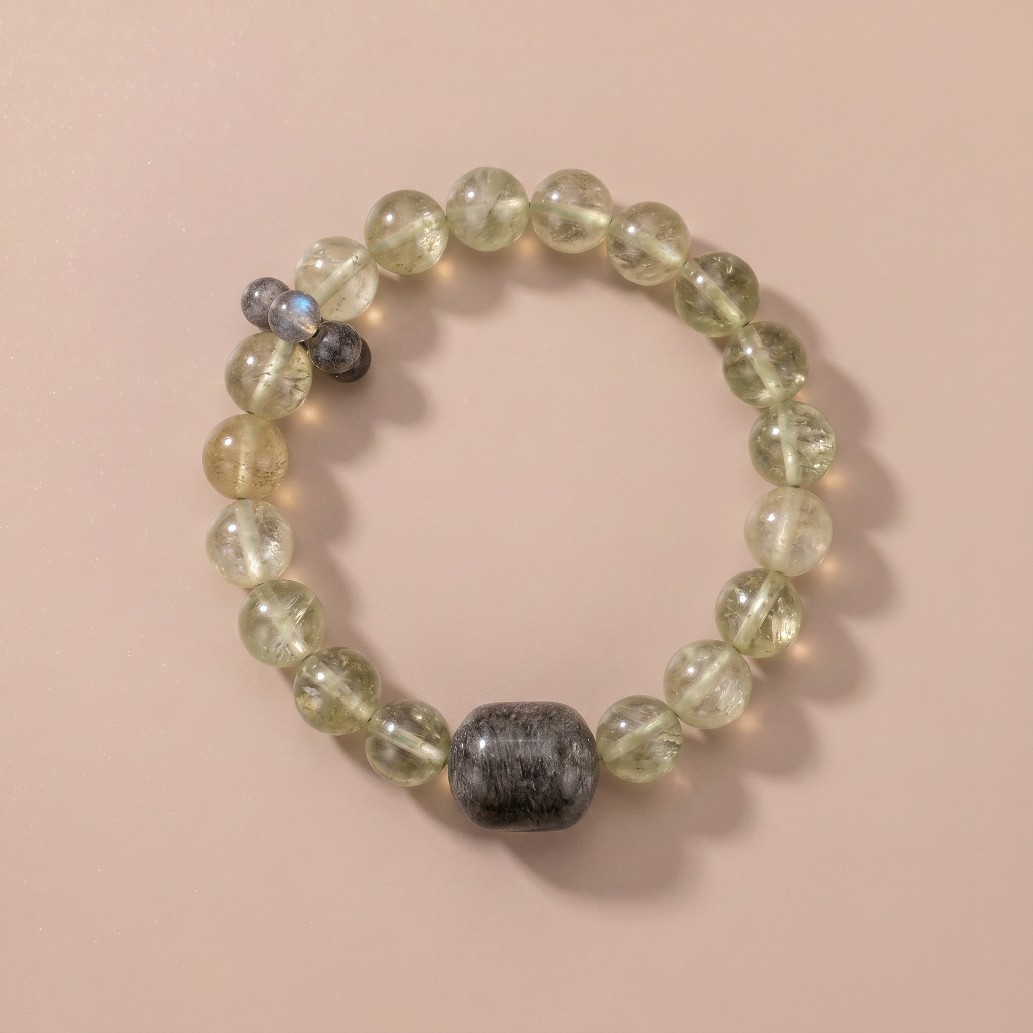 Spring Renewal Wood Crystal Bracelet with Layered Phantom Quartz & Light Green Crystal