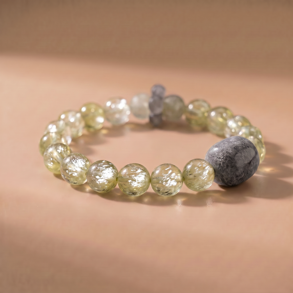 Spring Renewal Wood Crystal Bracelet with Layered Phantom Quartz & Light Green Crystal