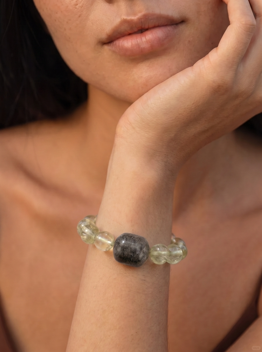 Spring Renewal Wood Crystal Bracelet with Layered Phantom Quartz & Light Green Crystal