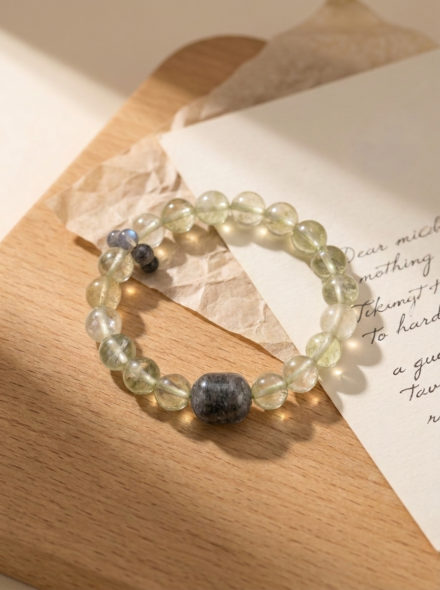 Spring Renewal Wood Crystal Bracelet with Layered Phantom Quartz & Light Green Crystal