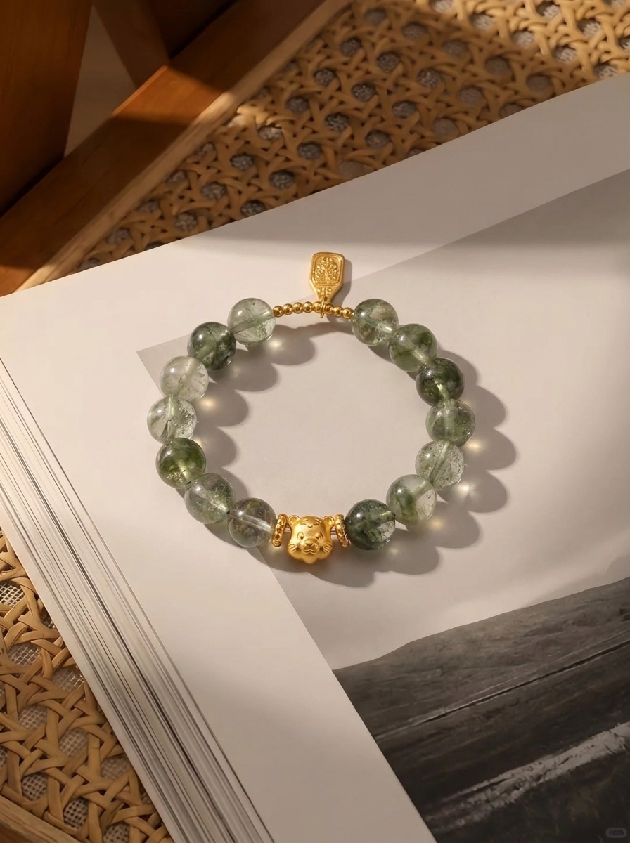 Zodiac Tiger Vitality Bracelet with Green Crystal, Green Phantom Quartz & Aquamarine
