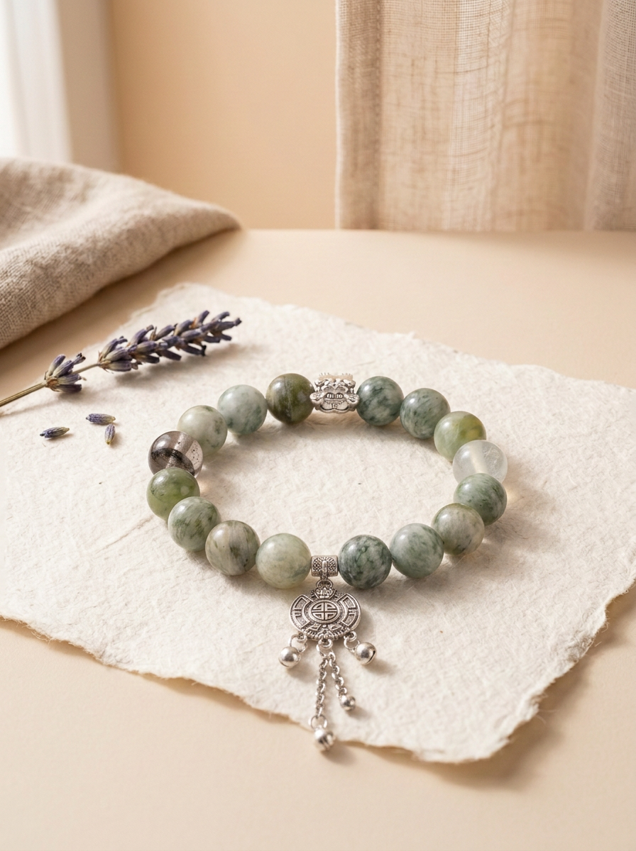Zodiac Tiger Mountain Aura Bracelet with Green Phantom Quartz & Aquamarine