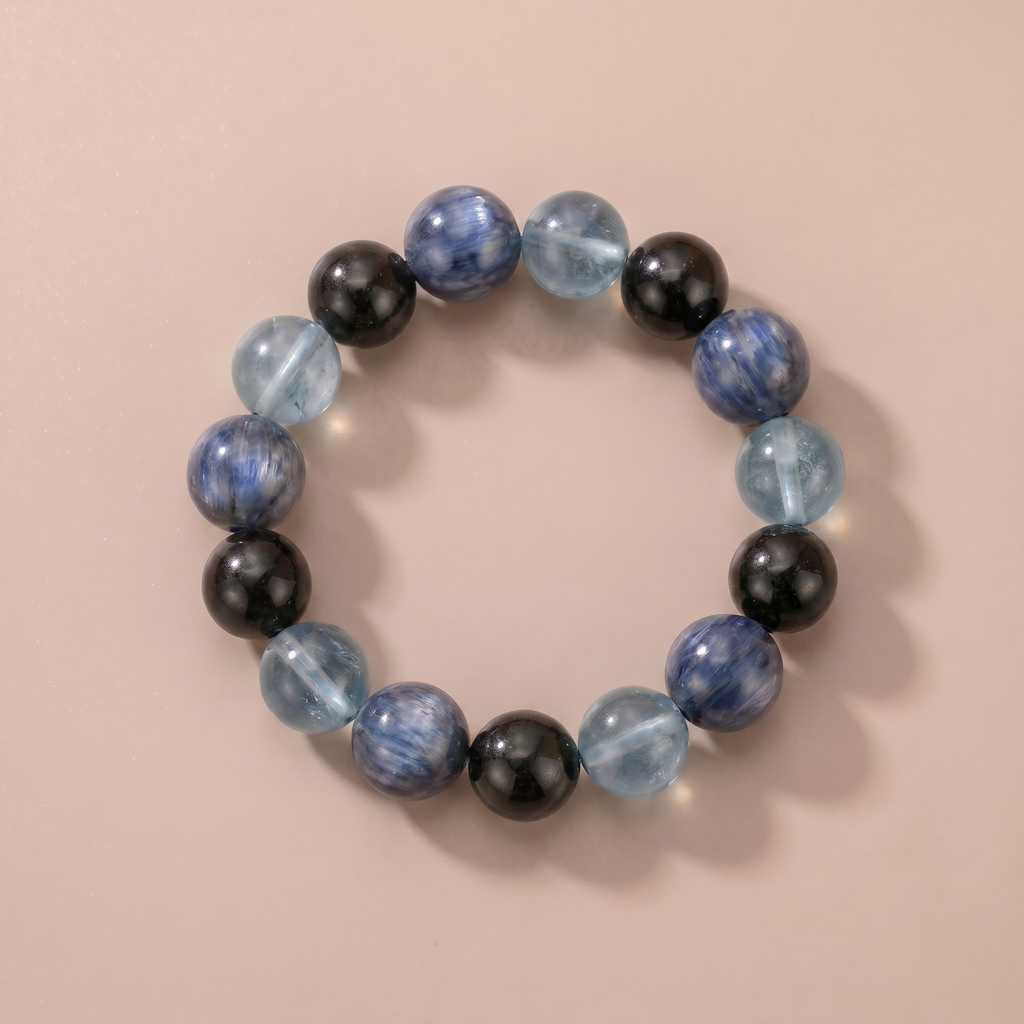 Water Hidden Depth Crystal Bracelet with Blue Crystal, Aquamarine & Silver Obsidian