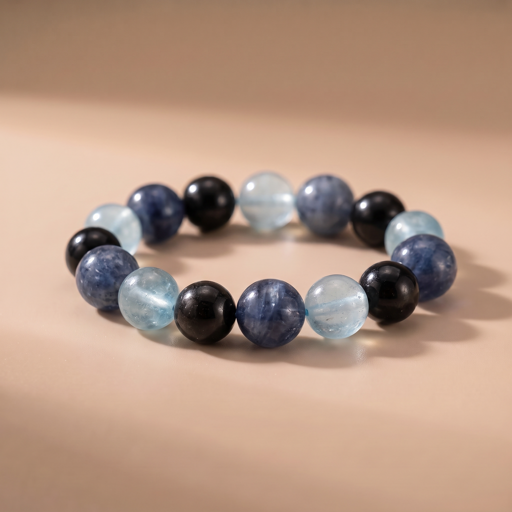 Water Hidden Depth Crystal Bracelet with Blue Crystal, Aquamarine & Silver Obsidian