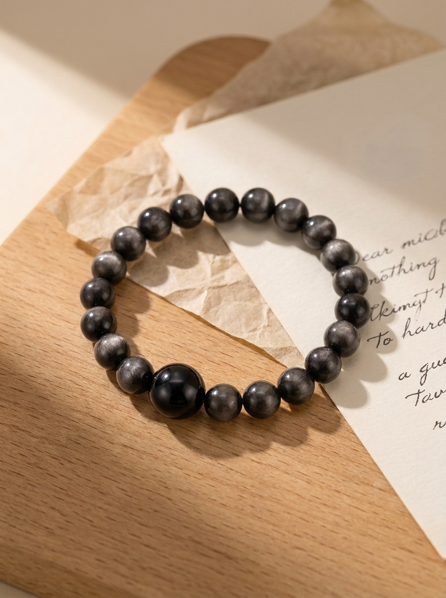 Water Ink Zen Crystal Bracelet with Silver Obsidian