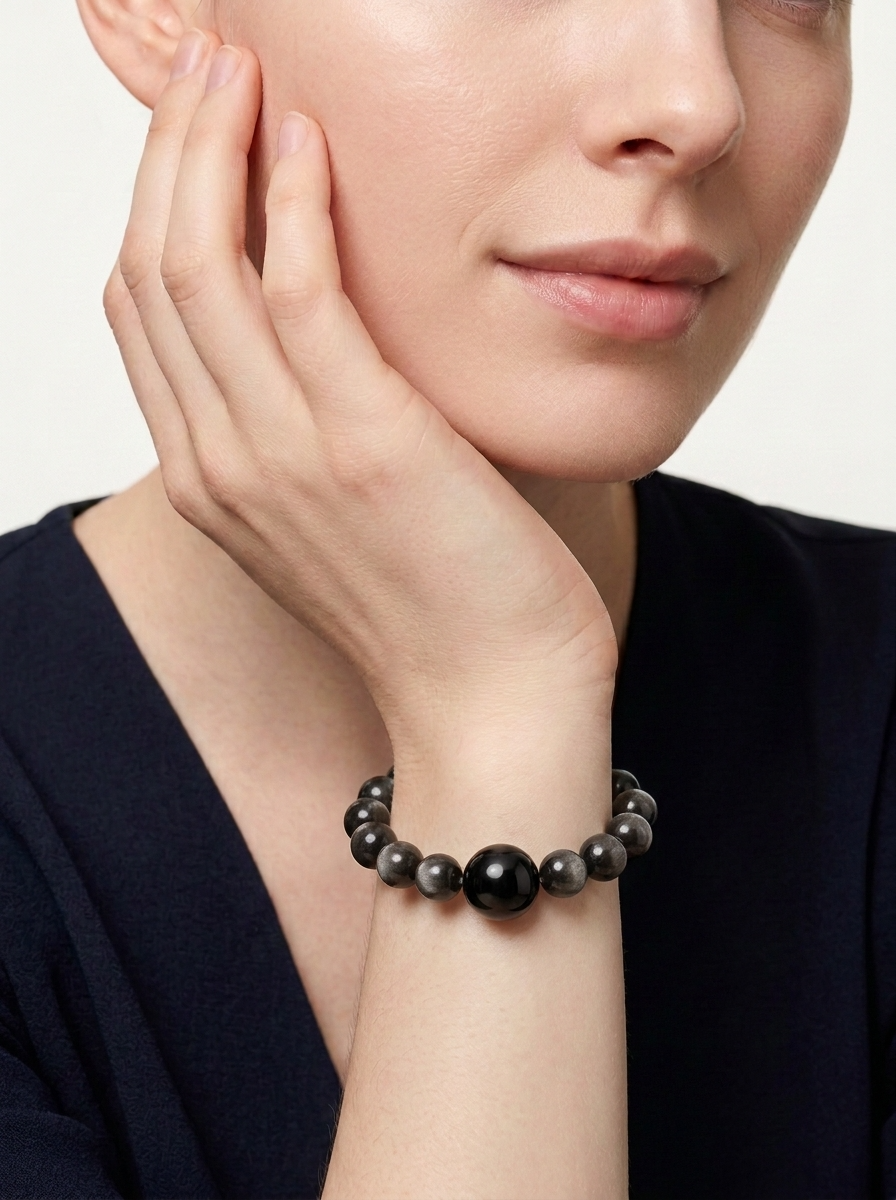 Water Ink Zen Crystal Bracelet with Silver Obsidian