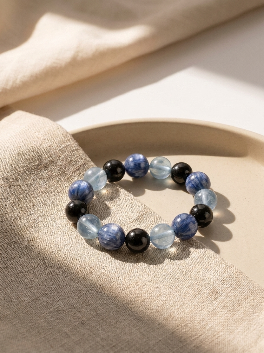 Water Hidden Depth Crystal Bracelet with Blue Crystal, Aquamarine & Silver Obsidian