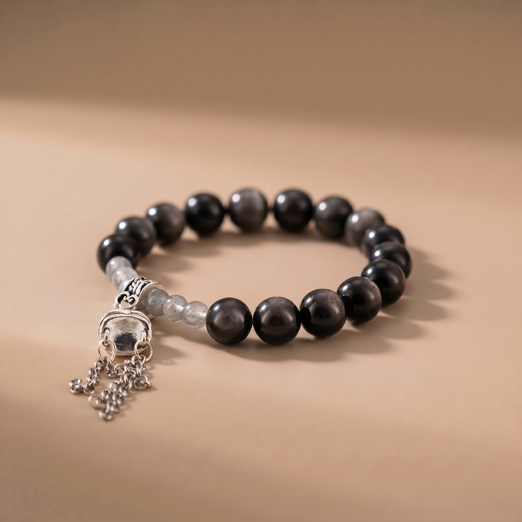 Winter Dark Light Crystal Bracelet with Silver Obsidian & Moonstone