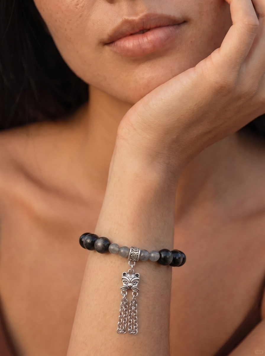 Winter Dark Light Crystal Bracelet with Silver Obsidian & Moonstone