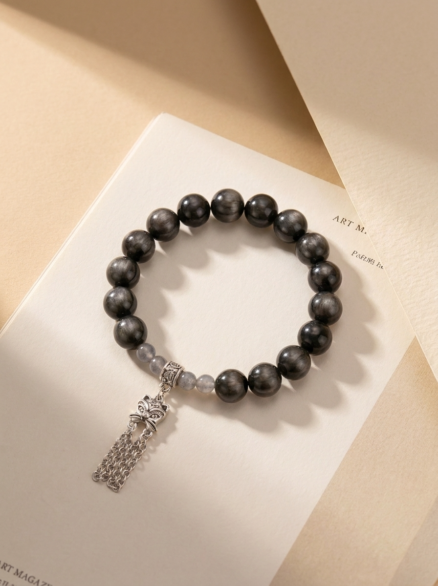 Winter Dark Light Crystal Bracelet with Silver Obsidian & Moonstone